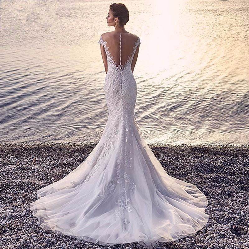 Elegant White Lace Wedding Dress with a Long Train - Pasha