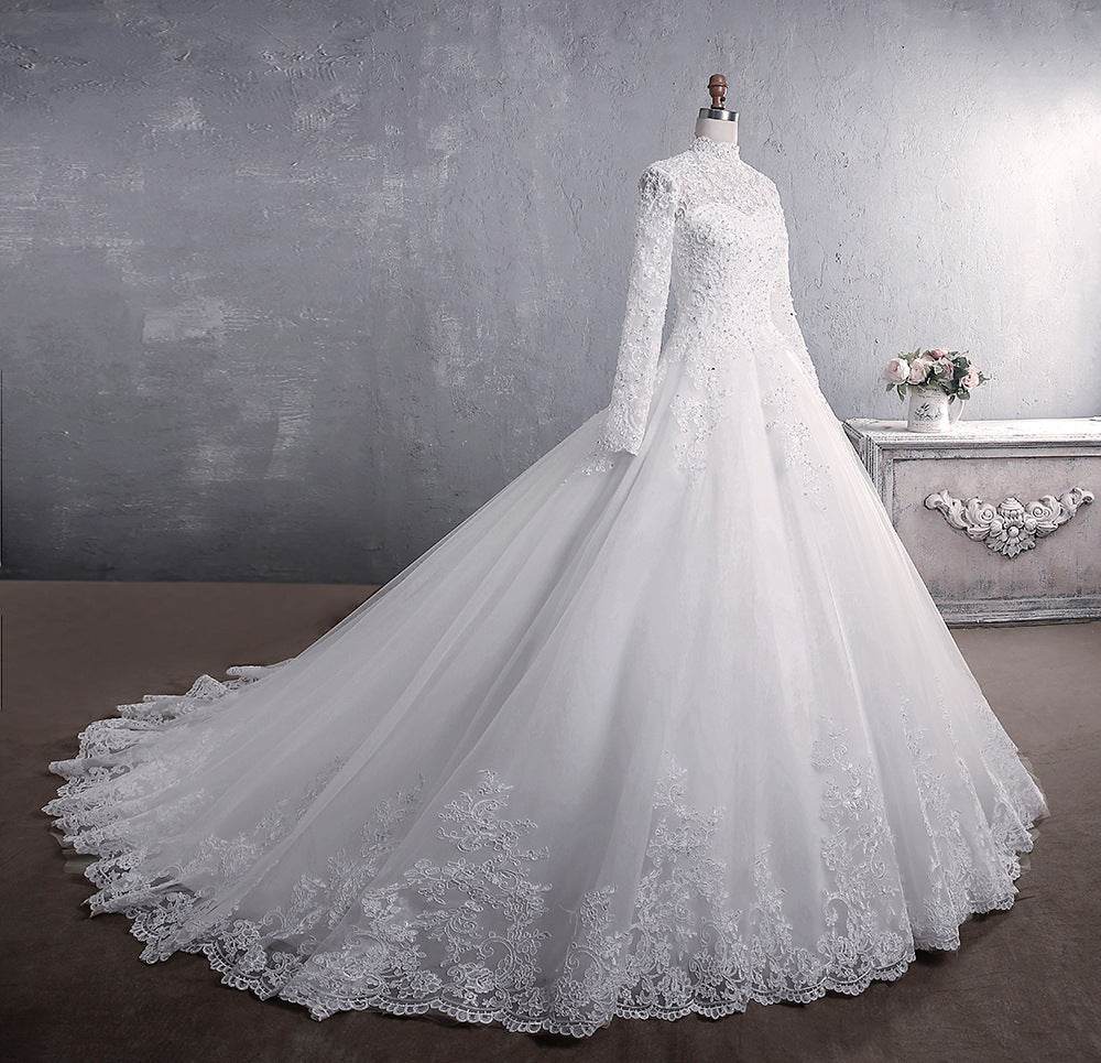 Long Sleeve Lace Wedding Dress – High Collar Style - Pasha