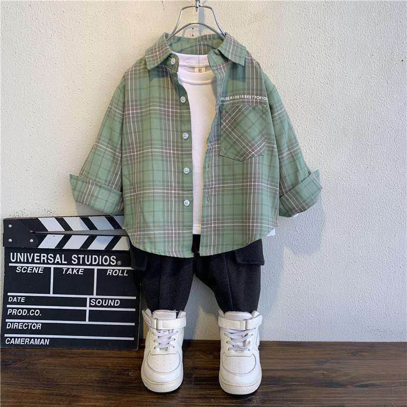 Boys Checkered Long Sleeve Shirt – Trendy Cotton Shirt in Blue, Green, and Red - Pasha