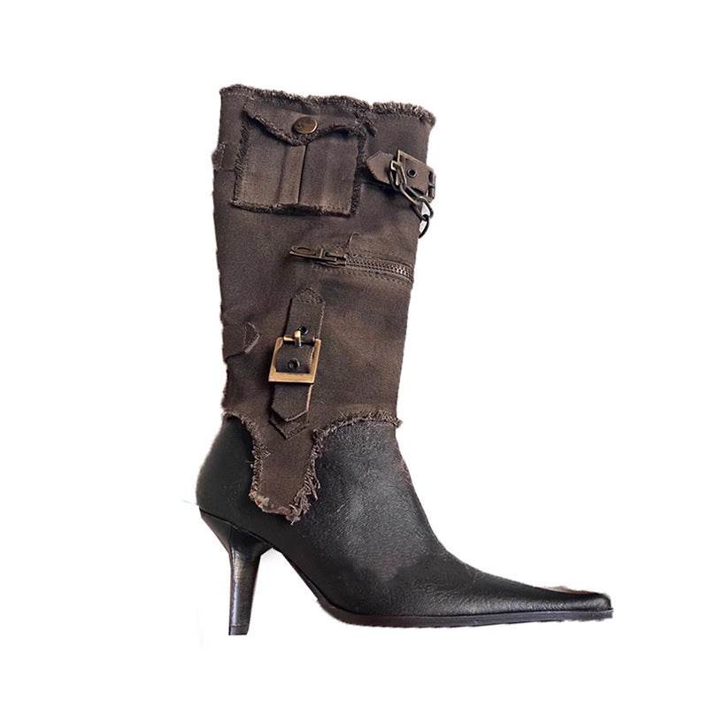 Retro Pointed Buckle Western Cowboy high heels for women - Pasha