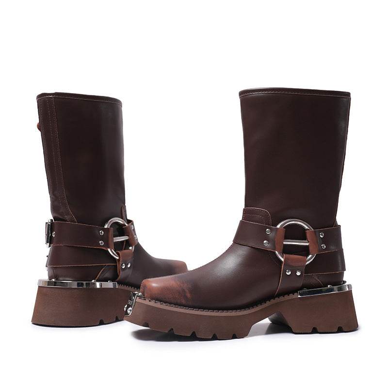 All-match Height Increasing Brown Sleeve Western Denim Ankle Boots - Pasha