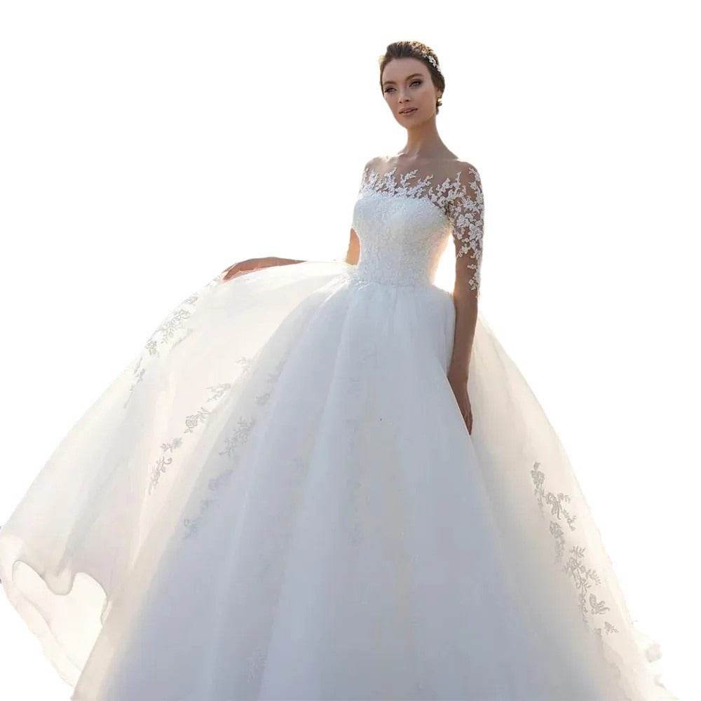 Long Sleeve Chiffon Wedding Dress – Embroidered Gown - Pasha