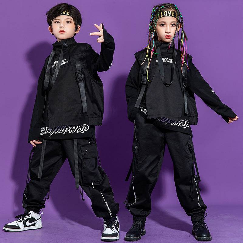 Trendy Hip-Hop Outfit for Kids – Cotton Black Set with Long Sleeve Top, Pants, and Vest - Pasha