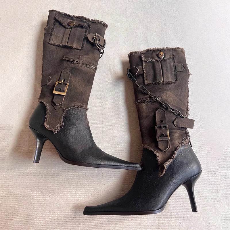 Retro Pointed Buckle Western Cowboy high heels for women - Pasha