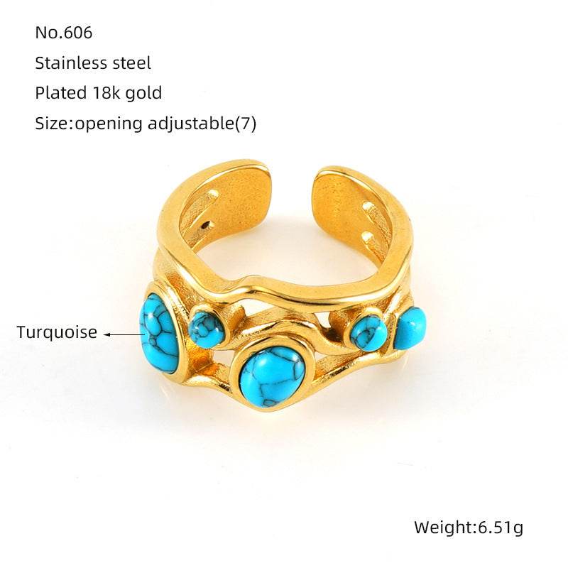Elegant Stainless Steel Malachite Ring – Open Design in Gold - Pasha