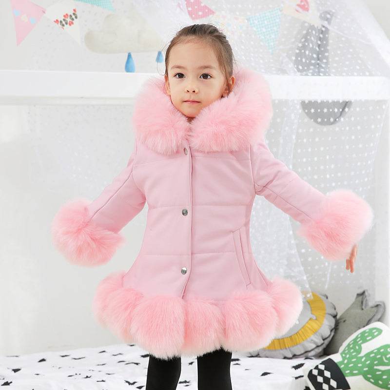 Girls Winter Mid-Length Padded Jacket – Retro Style, Cotton, Pink/Red/Black - Pasha