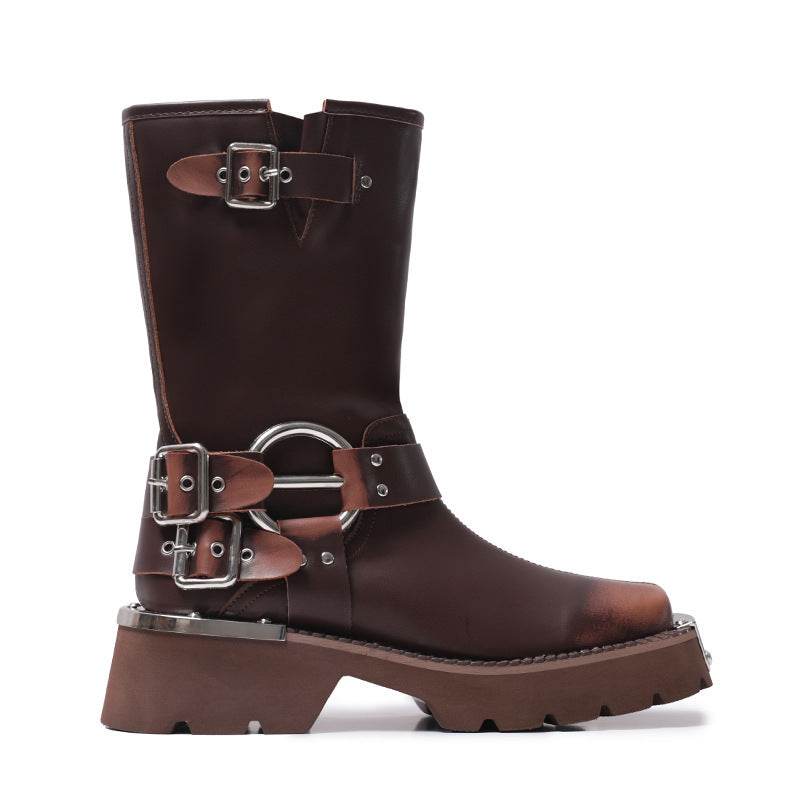 All-match Height Increasing Brown Sleeve Western Denim Ankle Boots - Pasha