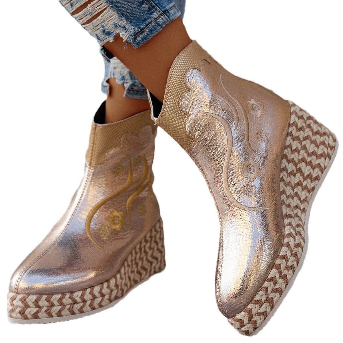 Autumn and Winter Thick Sole Wedge Embroidered Retro Casual Boots for women - Pasha