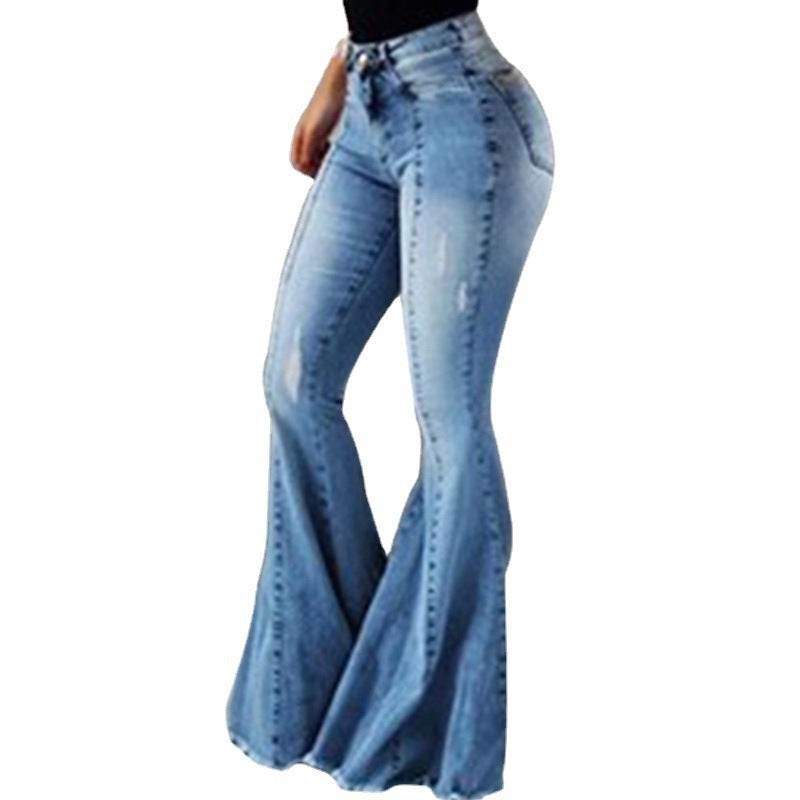 Elastic High-Waist Ripped Denim- Bell-Bottom Pants for women - Pasha