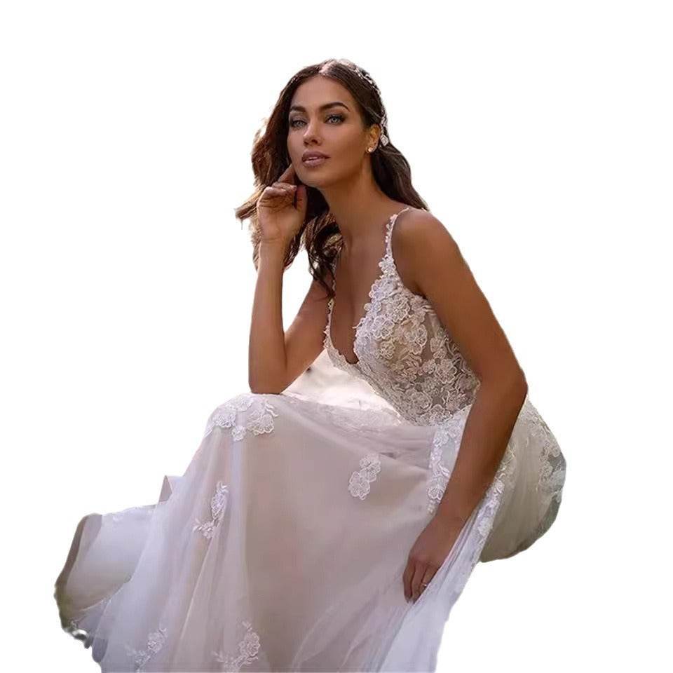 New Slim And Deep V Suspender Light Wedding Dress - Pasha