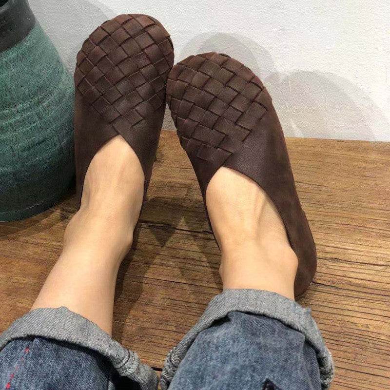 Retro Round Toe Flat Bottom Soft Cowhide Woven Women's Shoes - Pasha