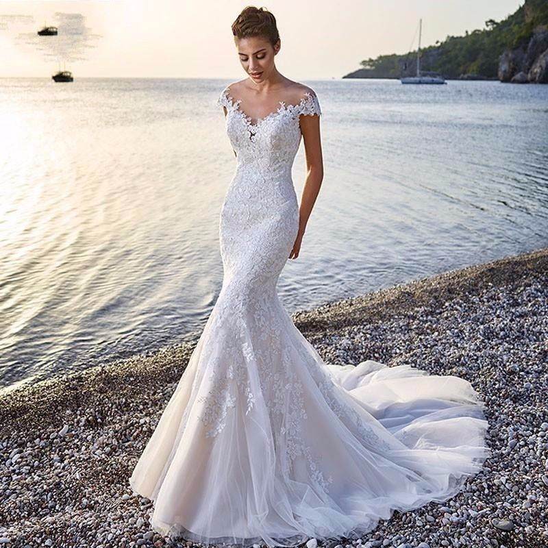 Elegant White Lace Wedding Dress with a Long Train - Pasha