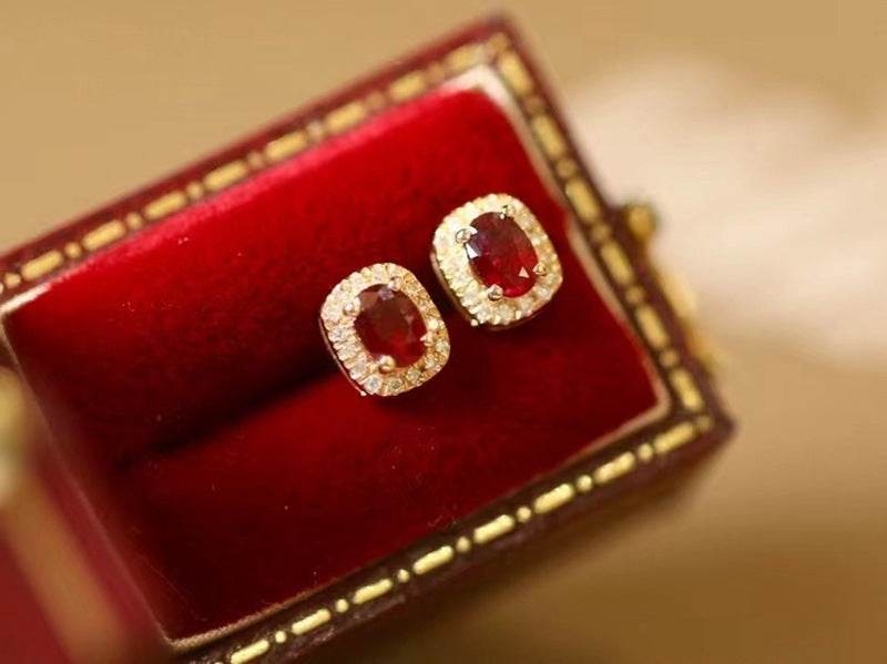 Exquisite 18K Gold Oval Earrings with Natural Pigeon Blood Red Rubies & Diamonds - Pasha