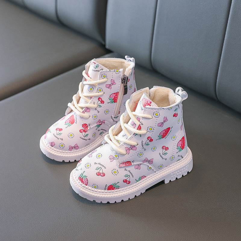 Girls Martin Boots with Cute Strawberry Pattern – Waterproof & Warm Winter Boots for Girls - Pasha