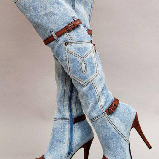 Women's Plus Size Denim Boots – High Heel Knee-High Boots