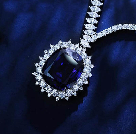 Elegant Geometric 925 Silver Necklace with Synthetic Sapphire for Women - Pasha