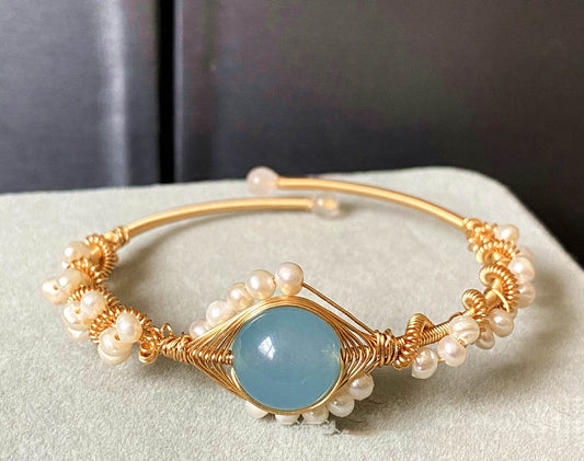 Gold 14K with White Pearls & Hailan Baohai Sapphire – Handcrafted Heart-Shaped Elegant Jewelry - Pasha