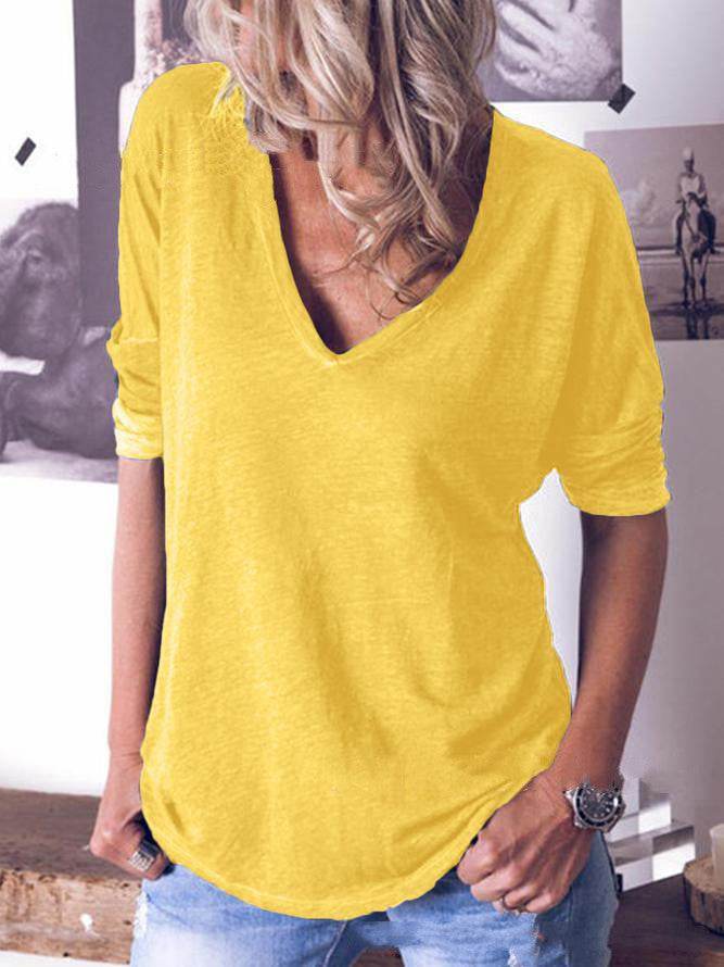 New Long Sleeved V Neck Loose Solid Color T-Shirt for women - Pasha