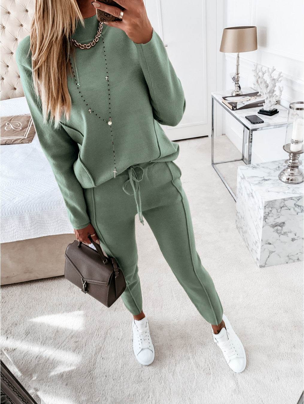 Turtle Neck Long Sleeve Fleece Trousers-2 piece set for women - Pasha