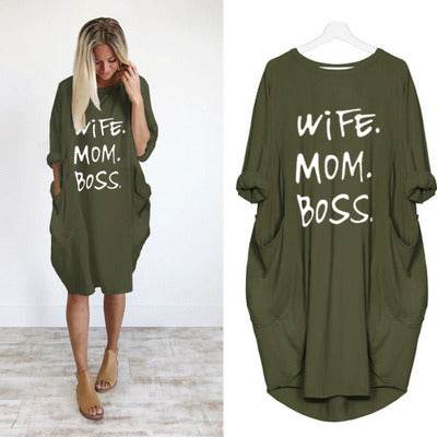 Loose Pocket Long Sleeve Print Dress-wife&mom&boss - Pasha