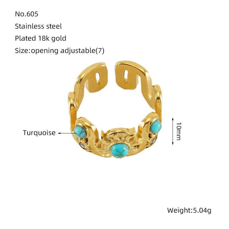 Elegant Stainless Steel Malachite Ring – Open Design in Gold - Pasha