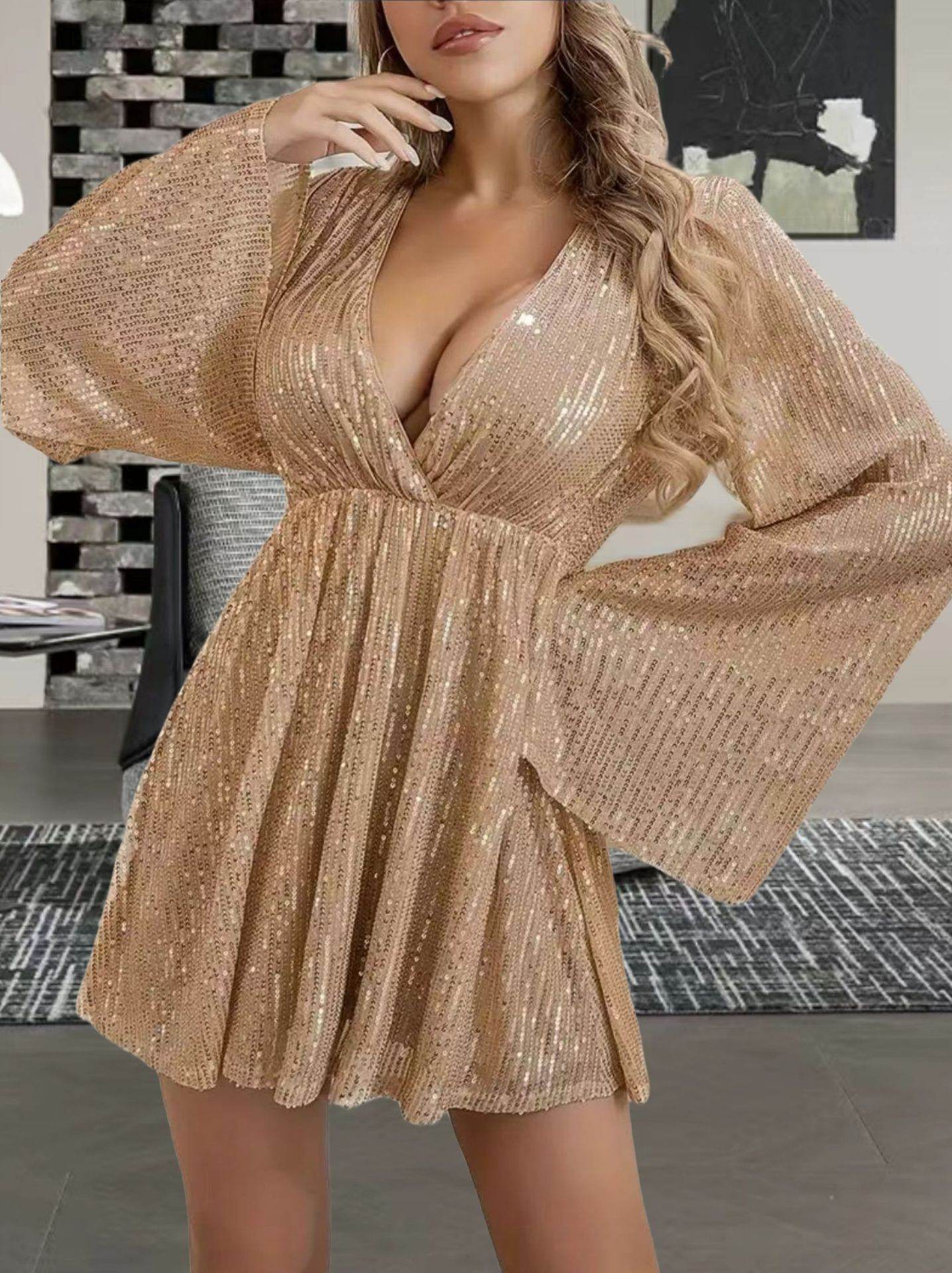 V-neck Sequin Evening Dress - Slimming & Elegant - Pasha
