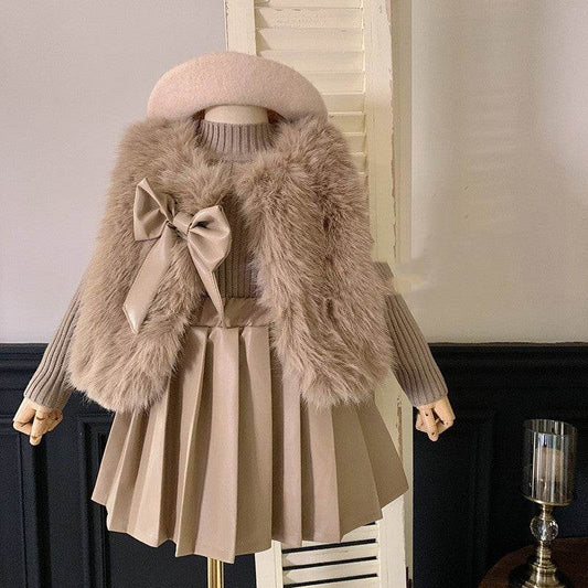 Retro Girl's Suit – Stylish Three-Piece Suit for Girls in Dark Brown-Camel - Pasha