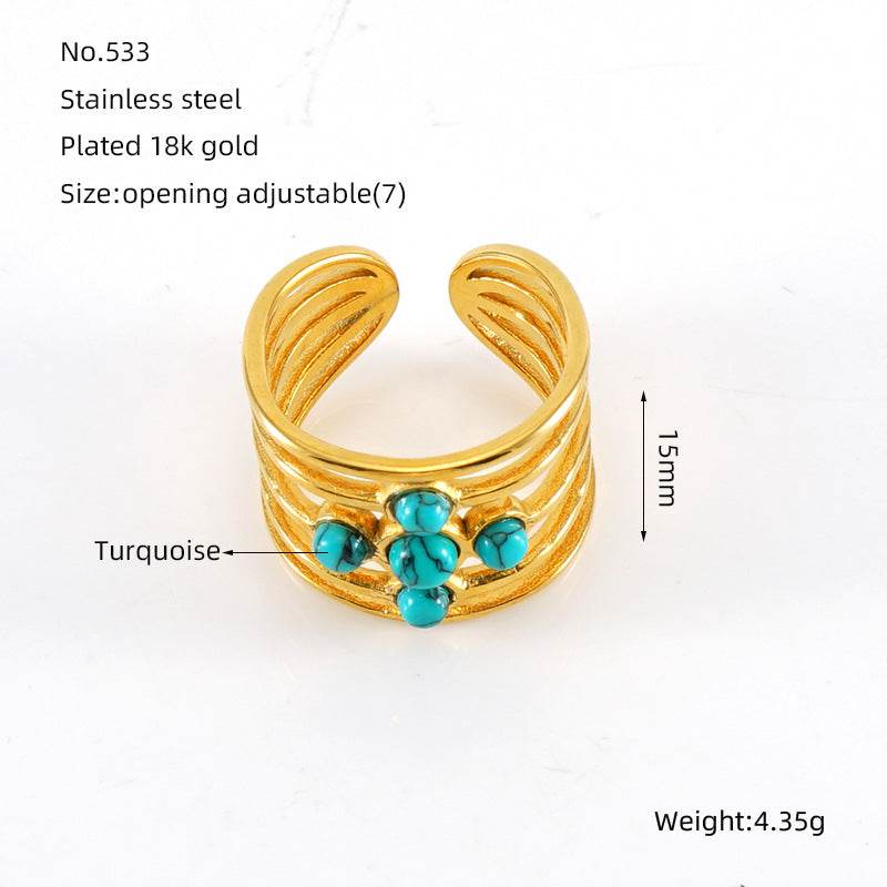 Elegant Stainless Steel Malachite Ring – Open Design in Gold - Pasha