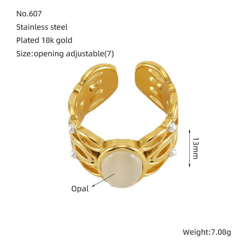 Elegant Stainless Steel Malachite Ring – Open Design in Gold - Pasha