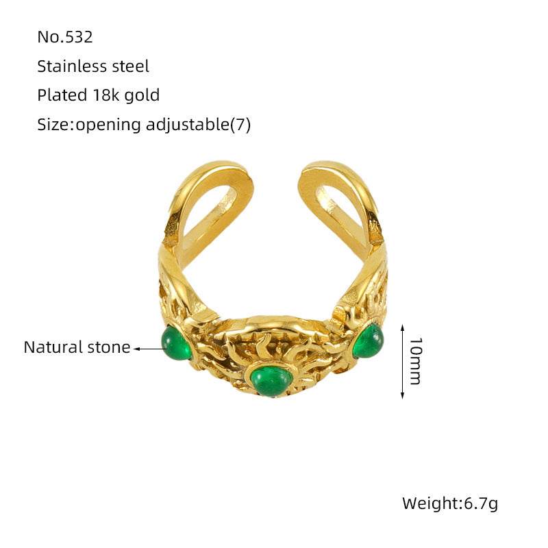 Elegant Stainless Steel Malachite Ring – Open Design in Gold - Pasha