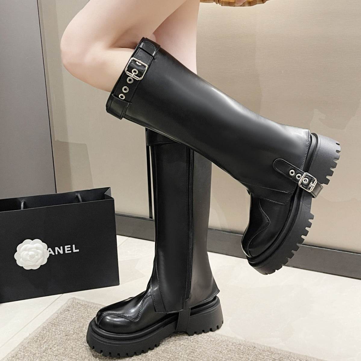 New Thick Bottom Two-way Belt Buckle High Leg Boot - Pasha