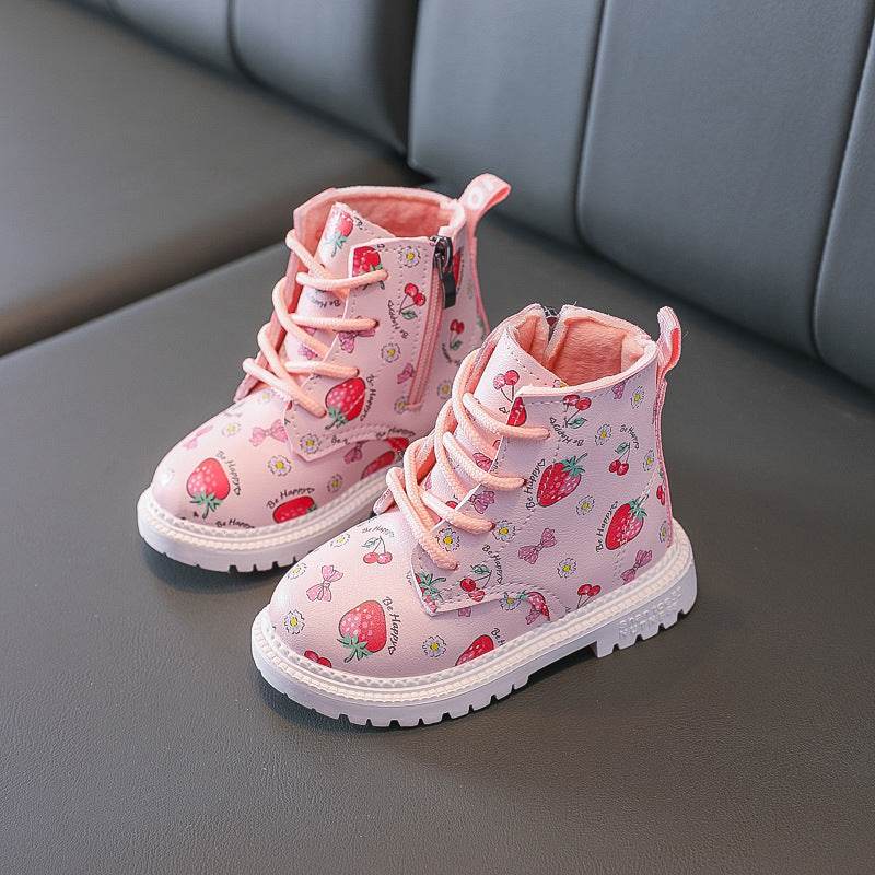 Girls Martin Boots with Cute Strawberry Pattern – Waterproof & Warm Winter Boots for Girls - Pasha
