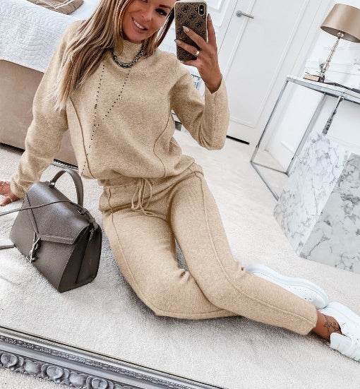Turtle Neck Long Sleeve Fleece Trousers-2 piece set for women - Pasha
