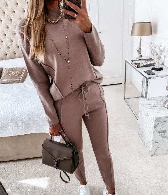 Turtle Neck Long Sleeve Fleece Trousers-2 piece set for women - Pasha