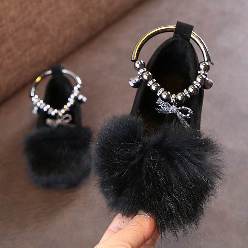 Girls Princess Shoes with Flat Bow and Fur – Cozy and Stylish Footwear for Little Princesses - Pasha