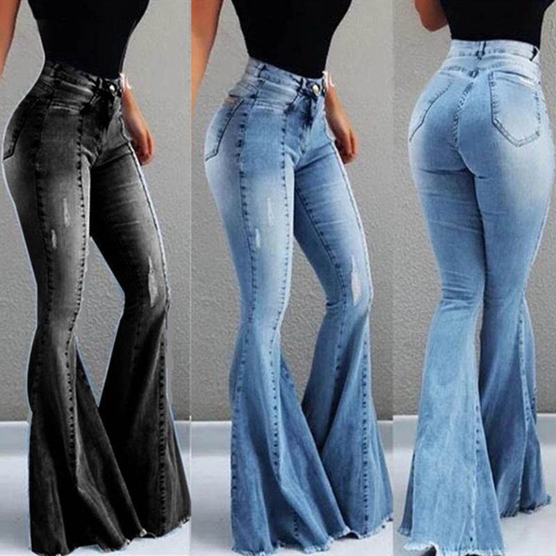 Elastic High-Waist Ripped Denim- Bell-Bottom Pants for women - Pasha