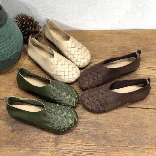 Retro Round Toe Flat Bottom Soft Cowhide Woven Women's Shoes - Pasha