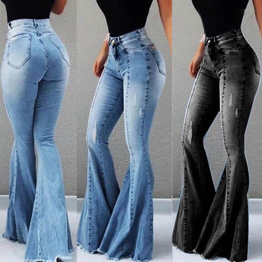 Elastic High-Waist Ripped Denim- Bell-Bottom Pants for women - Pasha