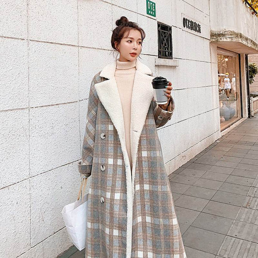 Fashion Women's Plush Thick Woolen Plaid Jacket - Pasha