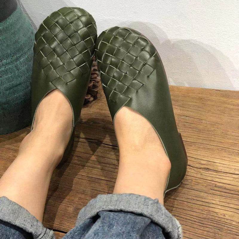 Retro Round Toe Flat Bottom Soft Cowhide Woven Women's Shoes - Pasha