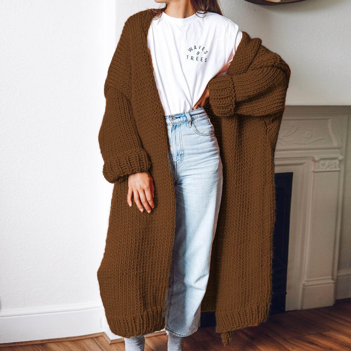 New Foreign Trade Women's Cardigan Knitting Mid-length Coat Sweater - Pasha