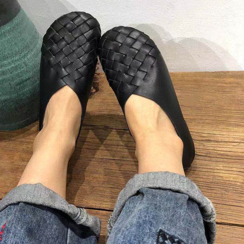 Retro Round Toe Flat Bottom Soft Cowhide Woven Women's Shoes - Pasha