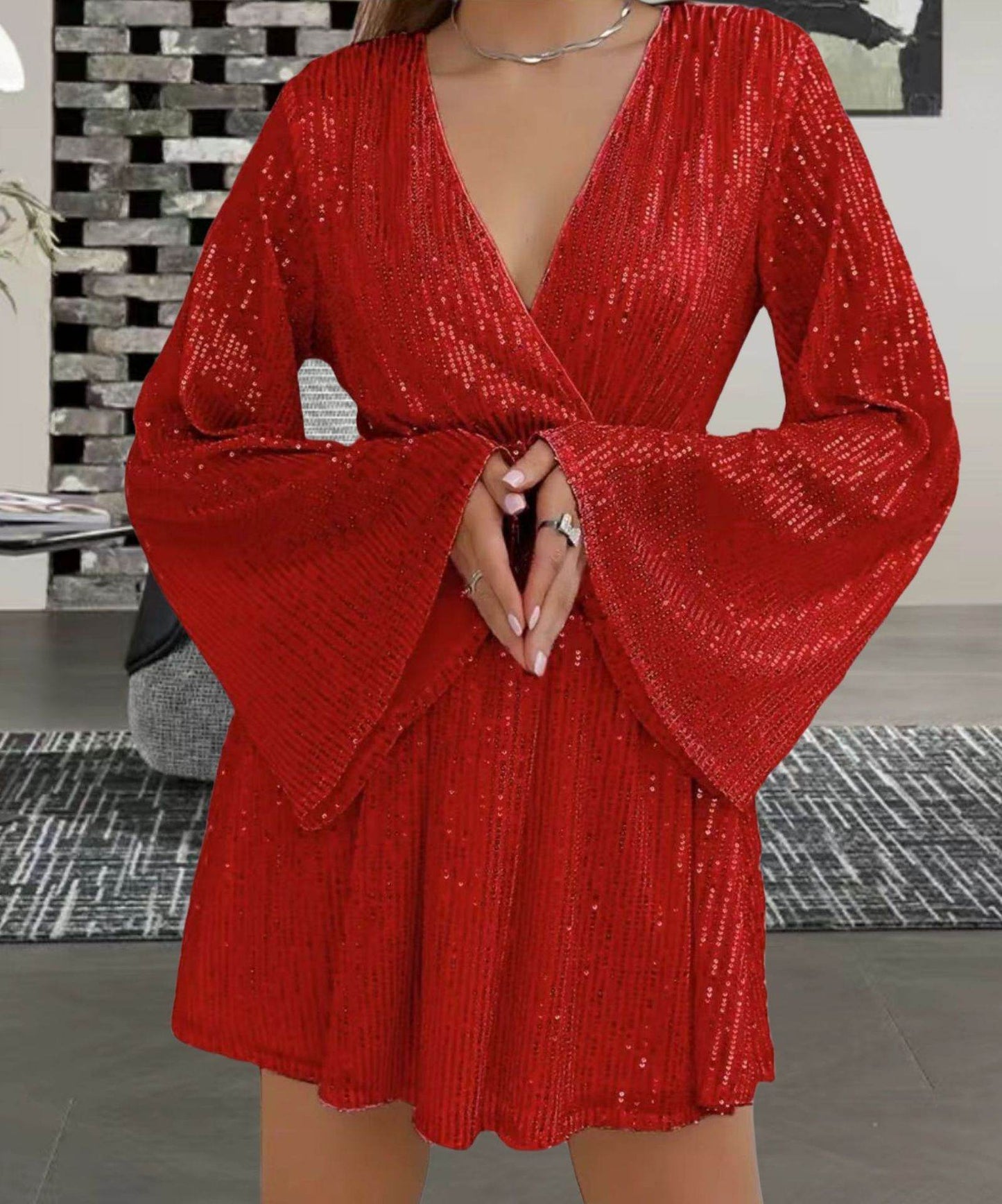 V-neck Sequin Evening Dress - Slimming & Elegant - Pasha