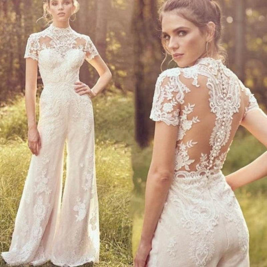 Bride Pants Suit Wedding Bridal Gowns Short Sleeve Jumpsuit - Pasha