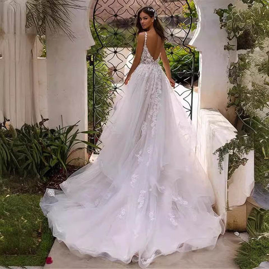 New Slim And Deep V Suspender Light Wedding Dress - Pasha