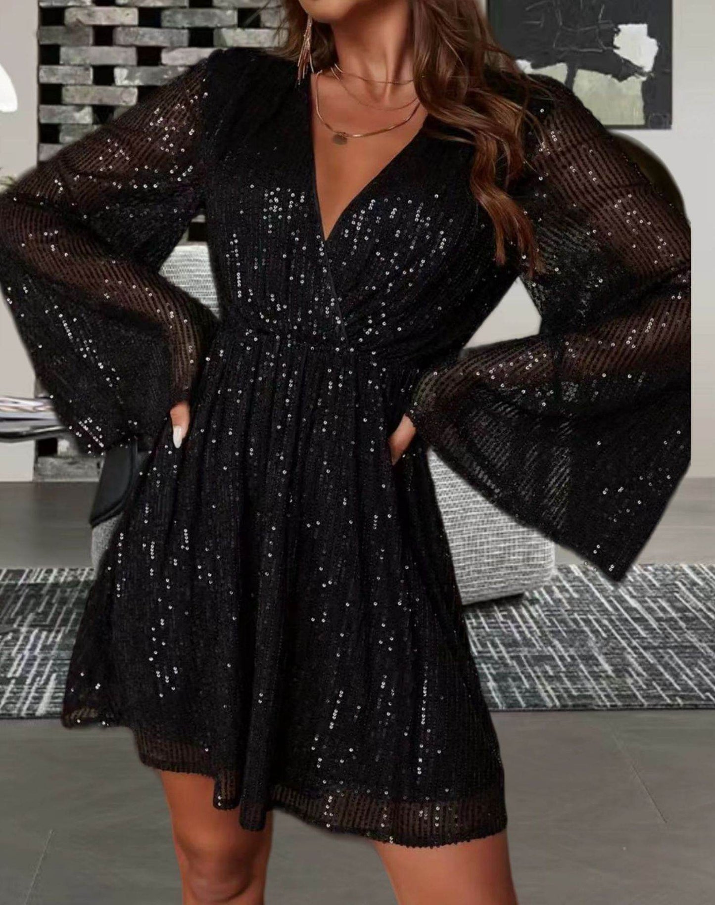 V-neck Sequin Evening Dress - Slimming & Elegant - Pasha