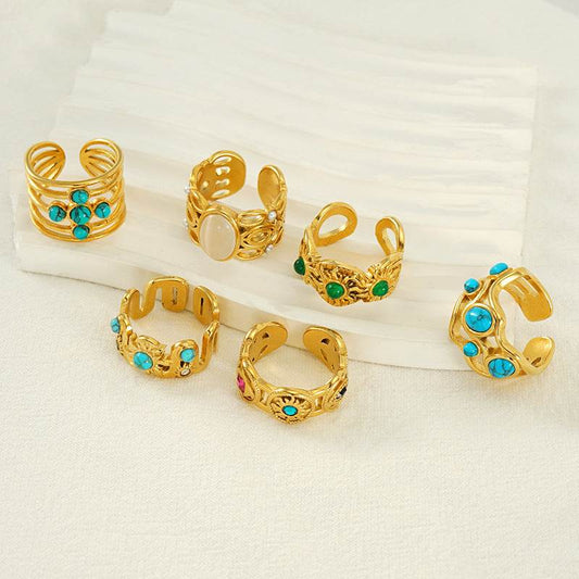 Elegant Stainless Steel Malachite Ring – Open Design in Gold - Pasha