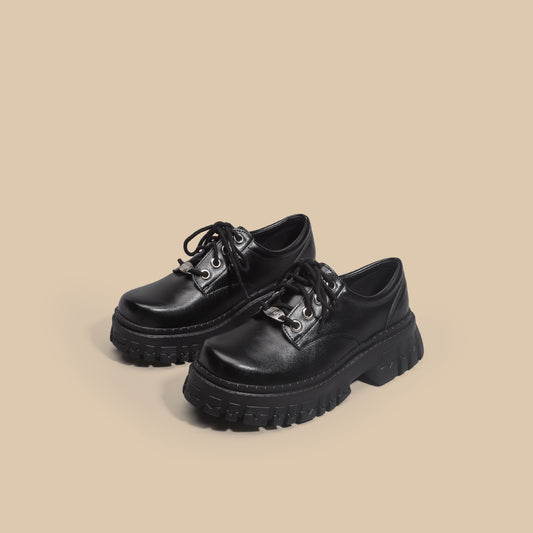 Women´s Platform Muffin Black British College Style Leather Shoes