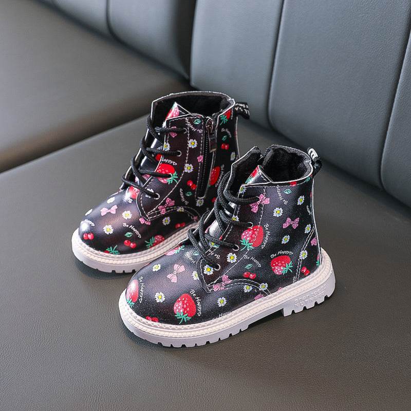 Girls Martin Boots with Cute Strawberry Pattern – Waterproof & Warm Winter Boots for Girls - Pasha