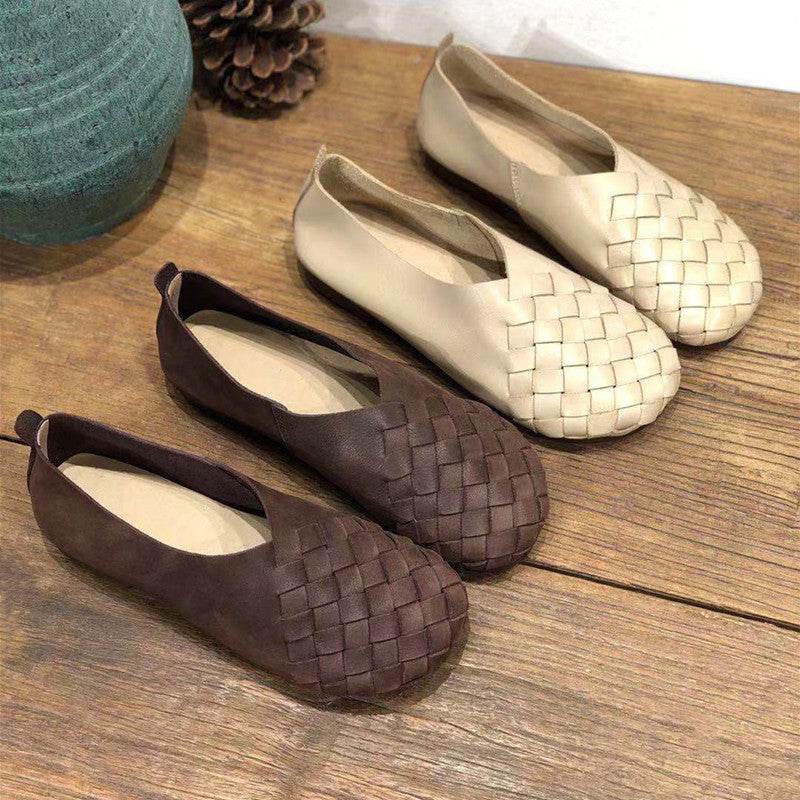 Retro Round Toe Flat Bottom Soft Cowhide Woven Women's Shoes - Pasha